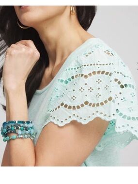 CHICOS SZ 2 100% Linen lace sleeve aqua blue top blouse Large women crewneck